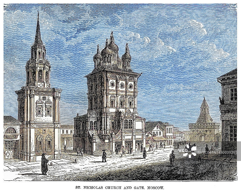 莫斯科伊林卡街圣尼古拉斯教堂的古老雕刻插图图片素材