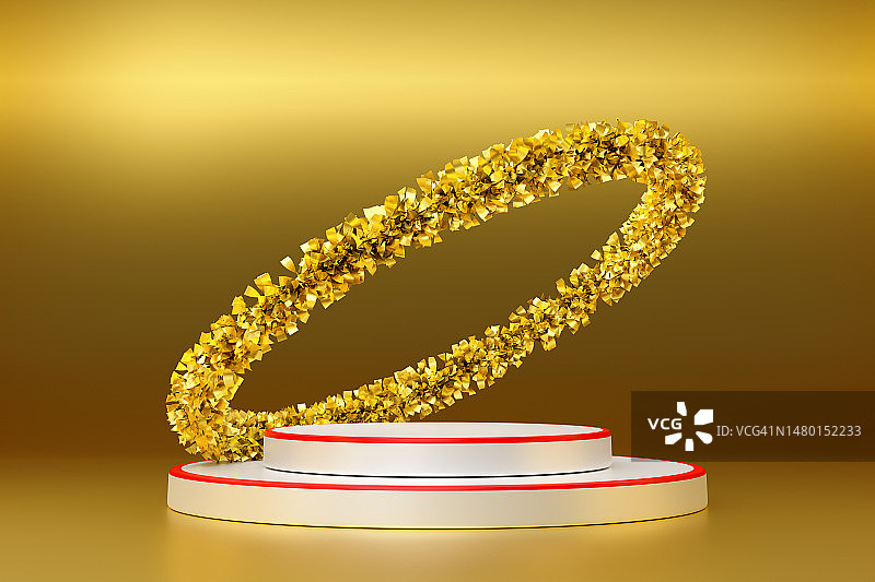 带有金色金属丝的空领奖台，采用金色构图，用于现代舞台展示和极简主义模型，罗马尼亚克拉约瓦图片素材