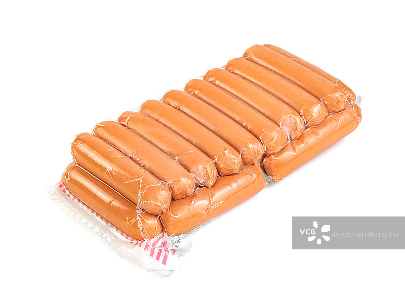 装在塑料袋中，在白色背景上隔离的香肠，罗马尼亚克拉约瓦图片素材