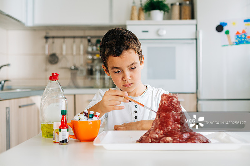 男孩在家做火山实验模型图片素材