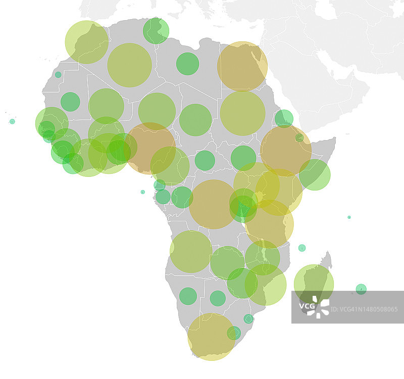 非洲大陆地图，绿色至橙色透明圆圈代表各国人口图片素材