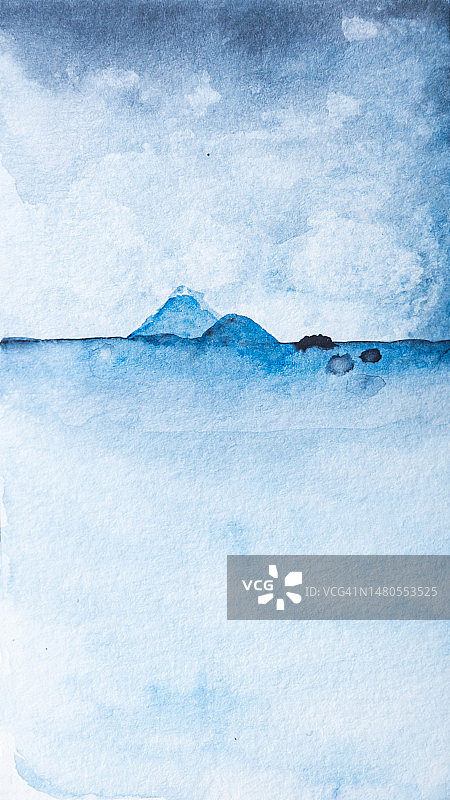 蓝色调水彩画：蓝色大海与岛屿背景图片素材