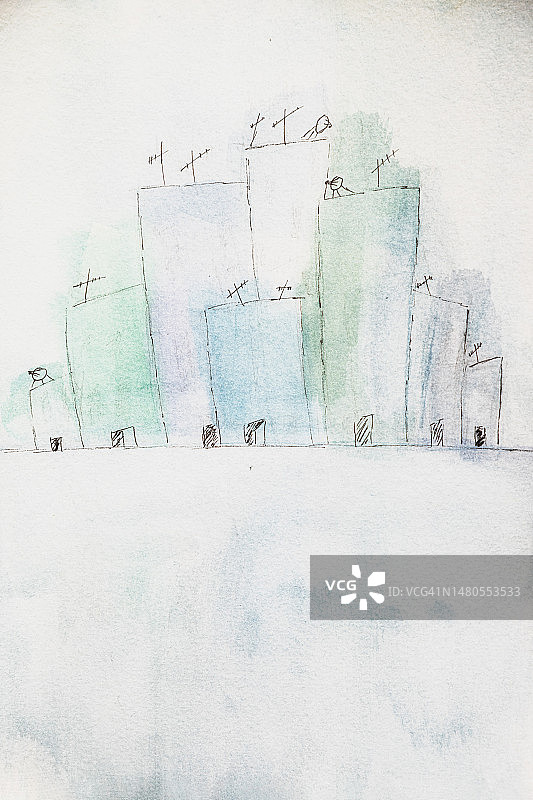 水彩画灰色城市忧郁色调图片素材