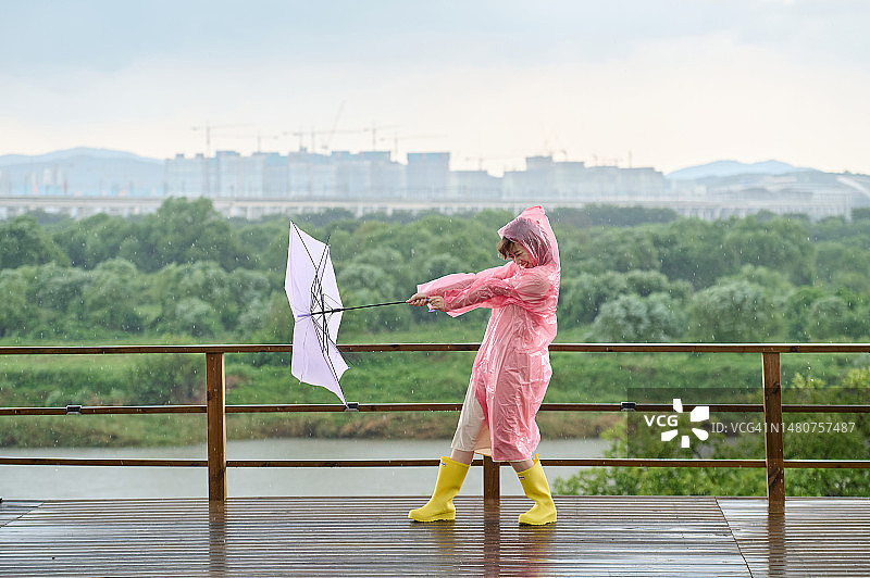 女人在风中打着雨伞穿着雨衣图片素材