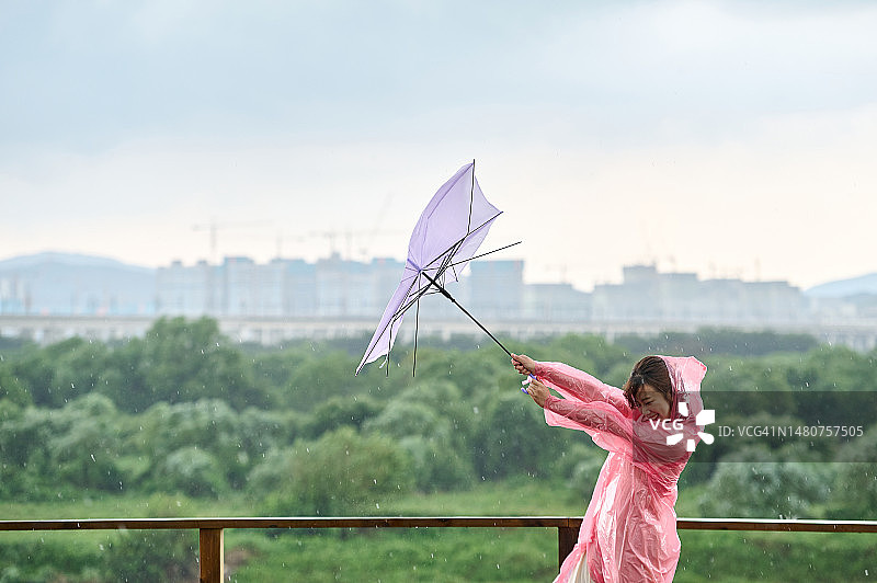 女人在风中打着雨伞穿着雨衣图片素材