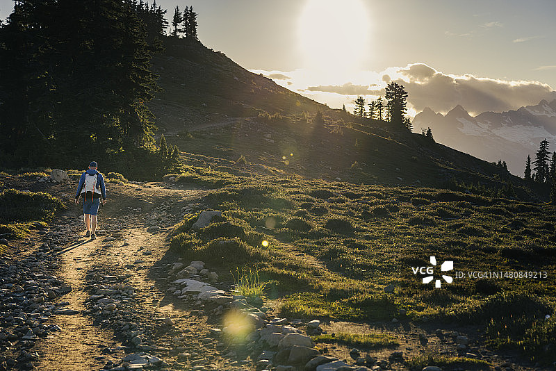 男子在不列颠哥伦比亚省斯阔米什附近的高山草甸日落时行走图片素材