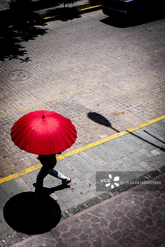 在墨西哥哈利斯科的炎热街道上撑着红伞行走的人图片素材