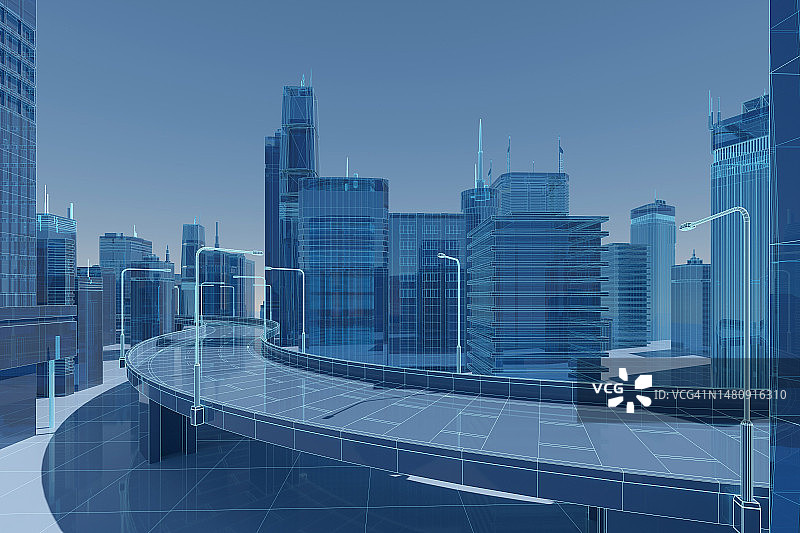 蓝色数据3D城市建筑图片素材