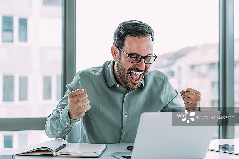 庆祝成功的英俊商人图片素材