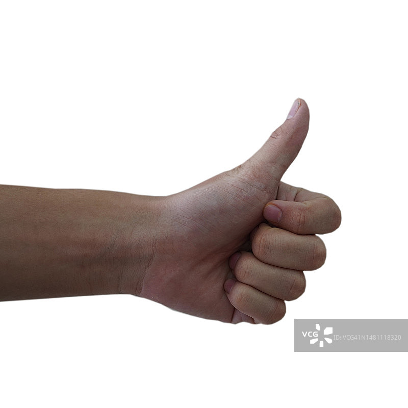 亚洲男子左手点赞，手臂和手部在白色背景上，有复制空间图片素材