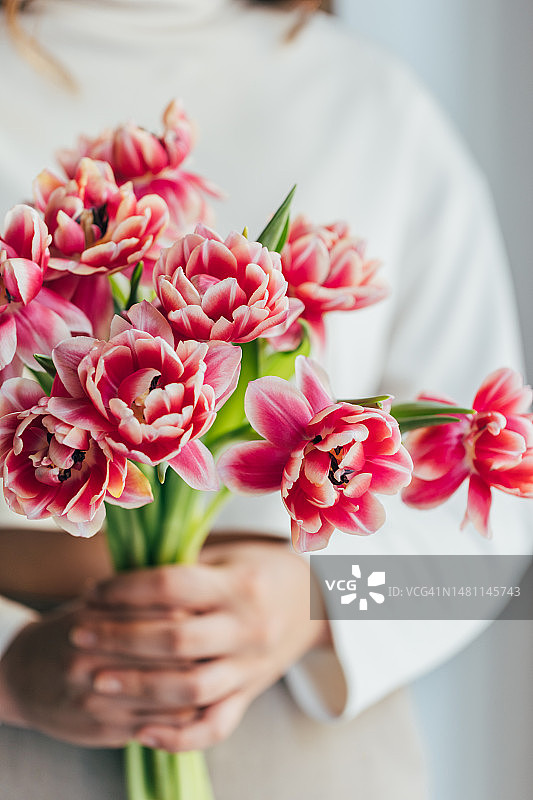 女人手捧粉色郁金香花束图片素材