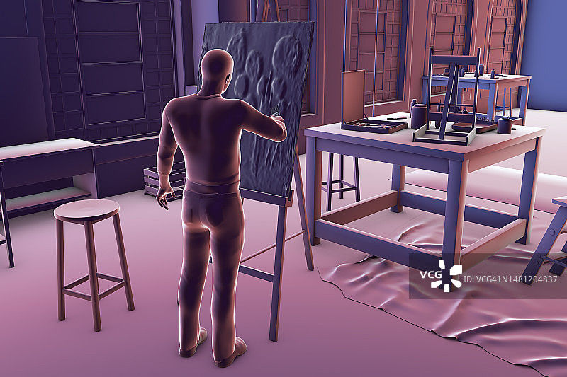 艺术家在工作室绘画，插图图片素材