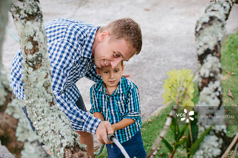 父子给花园植物浇水图片素材