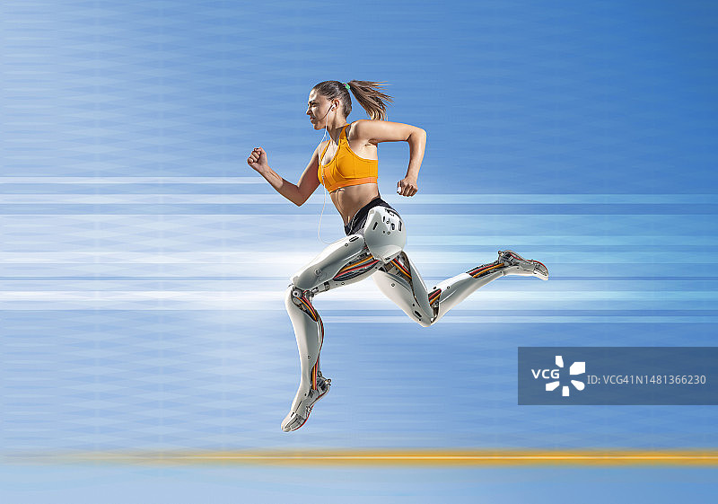 在科技背景下奔跑的仿生腿女赛博格图片素材