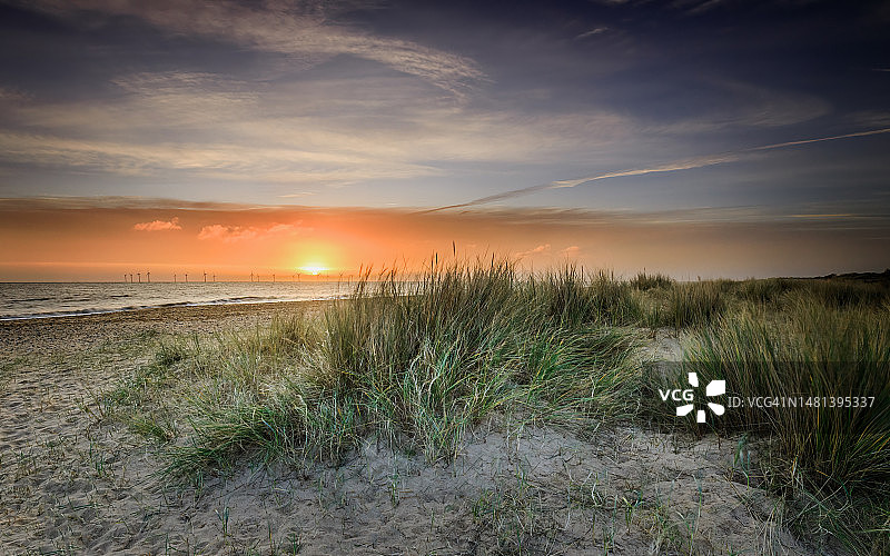 日落时分英国大雅茅斯的田野风光图片素材