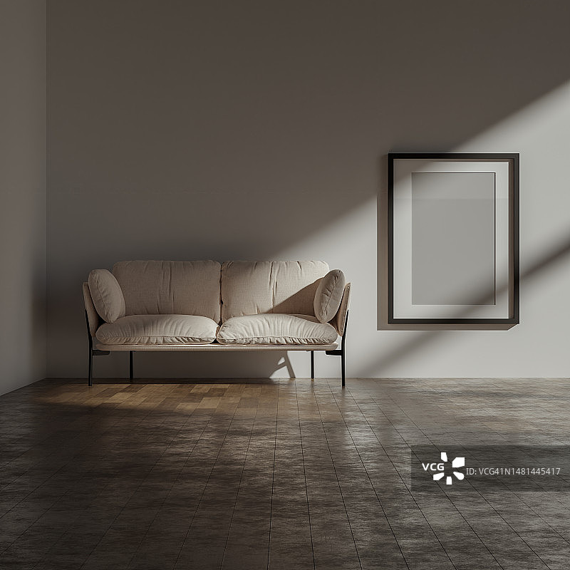 明亮的客厅，室内有空白白色海报图片素材