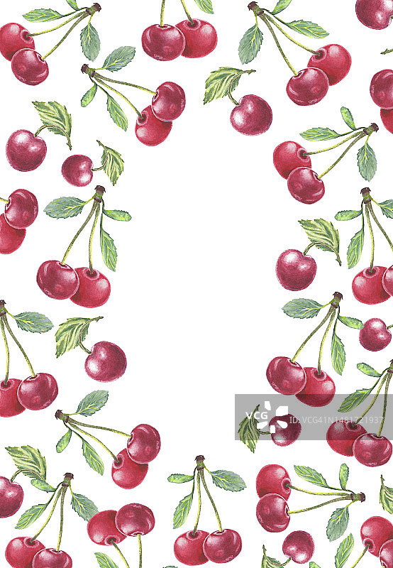 植物风格手绘水彩插画：樱桃果实和绿叶边框，适用于卡片、请柬、明信片。节日春季花卉浆果菜单餐厅图片素材