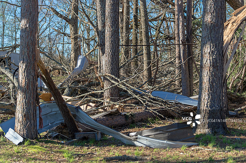龙卷风过后，断裂的树木和树枝上的铝制壁板和个人物品图片素材