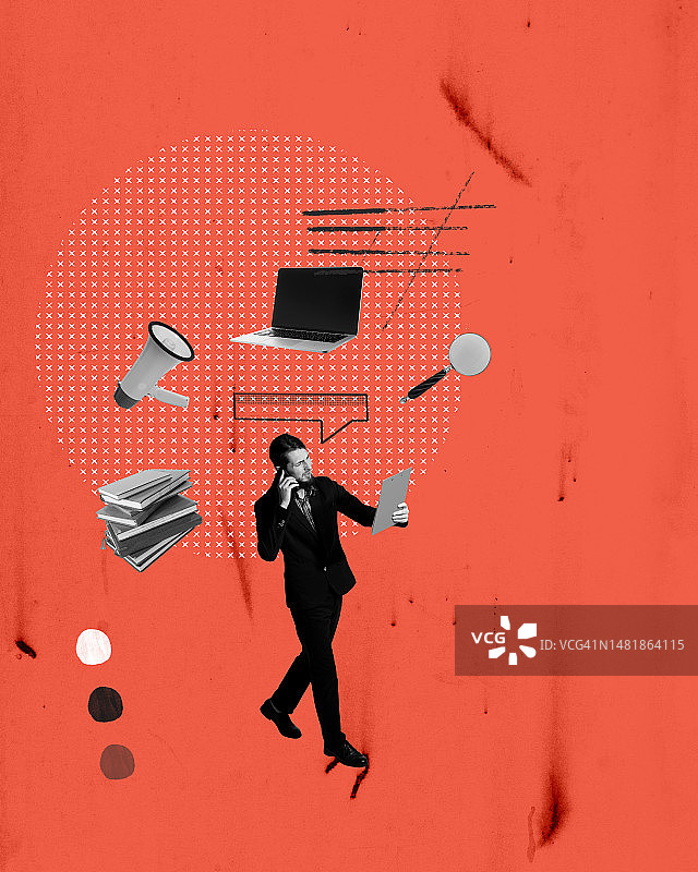 当代艺术拼贴：概念设计，商务人士处理多项工作任务图片素材