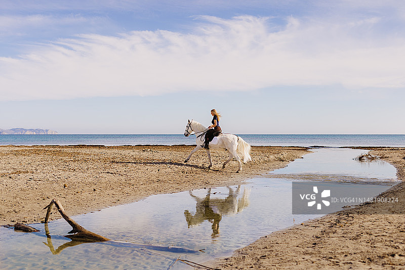 金发女子骑着白马在海滩上涉水图片素材