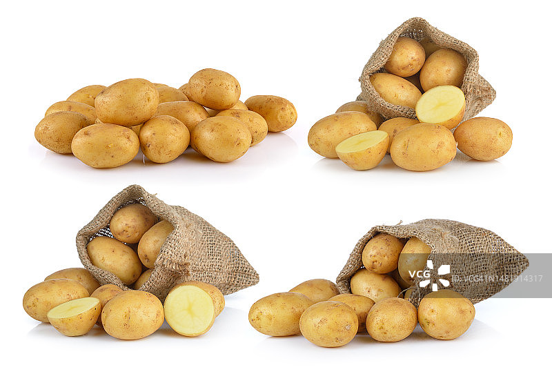 高角度拍摄的白色背景下的土豆，罗马尼亚图片素材