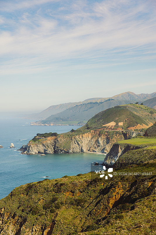 加利福尼亚州大苏尔阳光明媚的岩石海岸风光图片素材