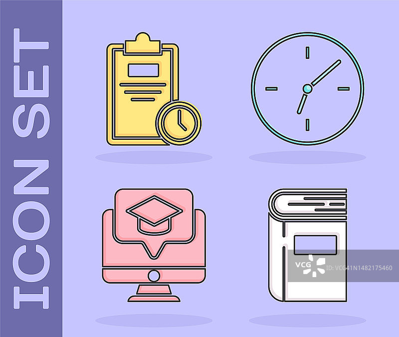 书籍、带时钟的考试表、带毕业帽的显示器和时钟图标矢量素材图片素材