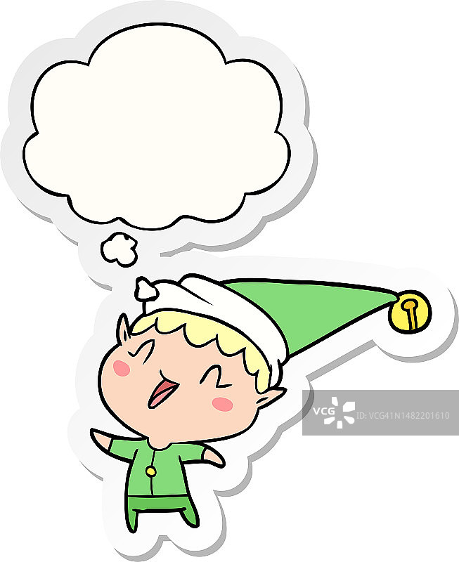 带有思想泡泡的卡通圣诞快乐精灵贴纸图片素材