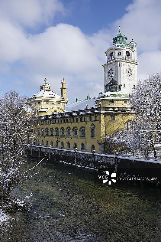 慕尼黑米勒公共浴场：青年风格的室内游泳池和桑拿区（冬季雪景，德国巴伐利亚州）图片素材