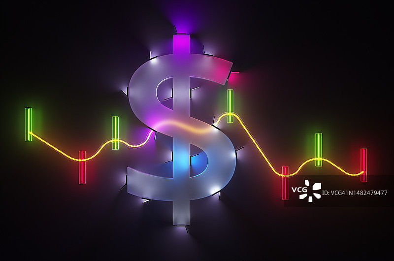 霓虹灯下有许多门的美元符号和黑色背景上的条形图图片素材