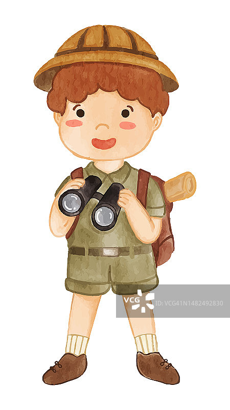 手持望远镜的写实水彩风卡通男童子军图片素材