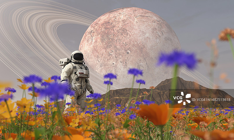 宇航员探索繁荣的遥远星球图片素材