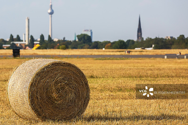 柏林天际线背景下的麦秸捆图片素材