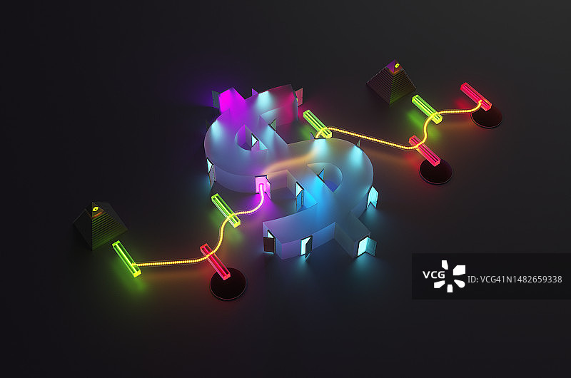 霓虹灯下的美元符号和条形图，以及黑色背景上的全视之眼金字塔图片素材