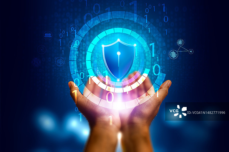 互联网安全密钥盾牌蓝色背景数字数据显示网络空间中的数据安全图片素材