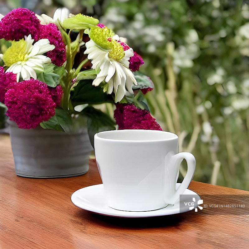 桌上现煮咖啡与鲜花图片素材