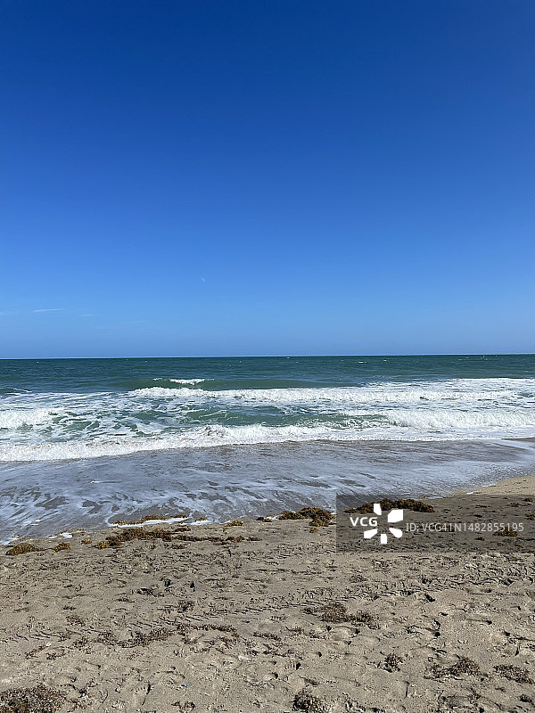 多米尼加共和国蓬塔卡纳清澈蓝天下迷人的海滩风光图片素材