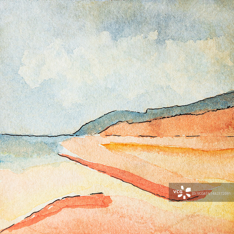 暖色调的抽象水彩画：被遗忘的荒凉海滩图片素材