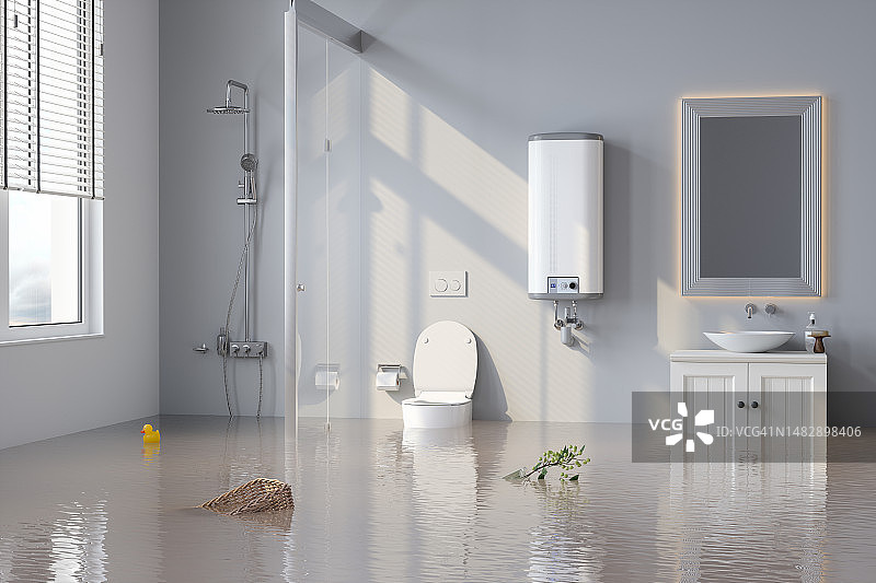 被水淹没的浴室，植物和篮子漂浮在水面上图片素材