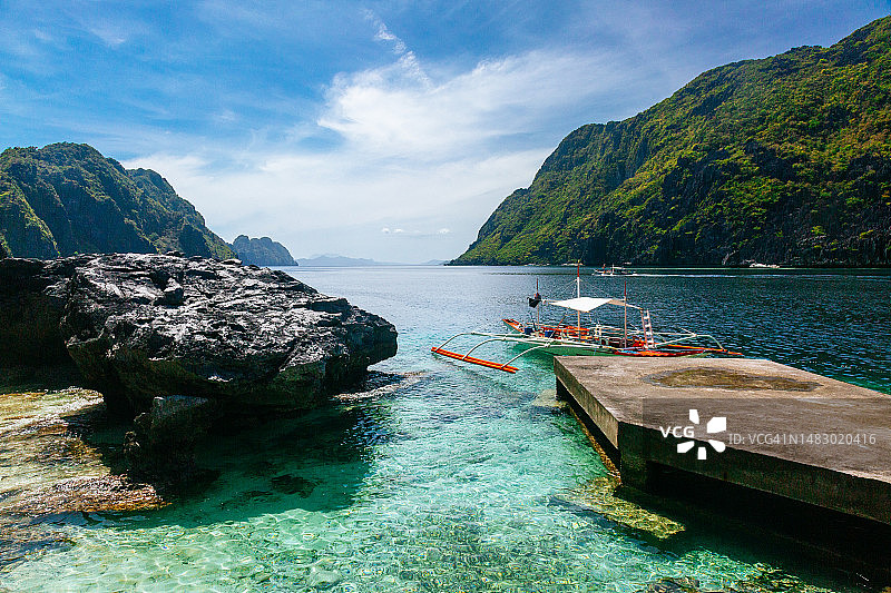 巴拉望岛爱妮岛：海湾中被热带植物覆盖的岩石岛屿环绕的船只图片素材