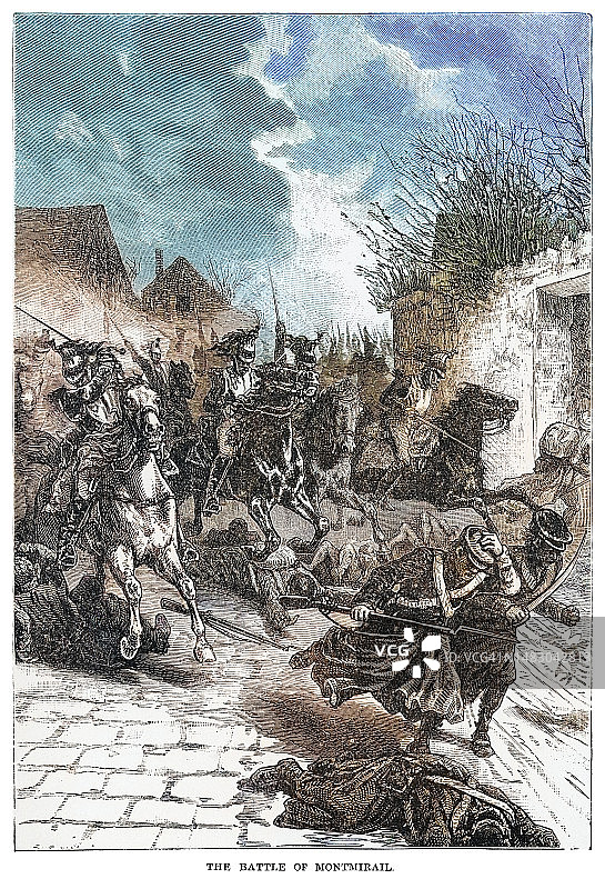 蒙米拉伊战役（1814年2月11日）的老式雕刻插图，由拿破仑皇帝率领的法军与由法比安·威廉·冯·奥斯滕-萨肯和路德维希·约克·冯·瓦滕堡指挥的两支盟军军团之间进行图片素材