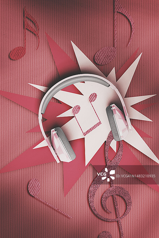 粉色背景中的耳机和音符图片素材