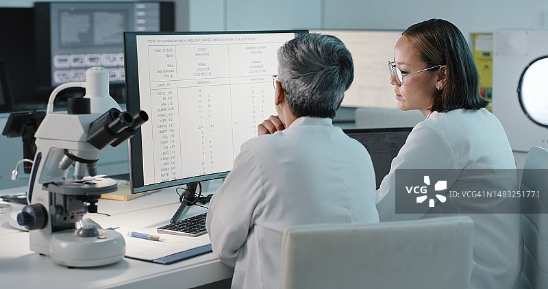 科研实验室中，科研人员在电脑上进行医学报告和数据分析讨论图片素材