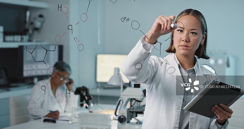 物理科研：女性在实验室书写化学公式，进行医学创新和科学发展战略研究图片素材