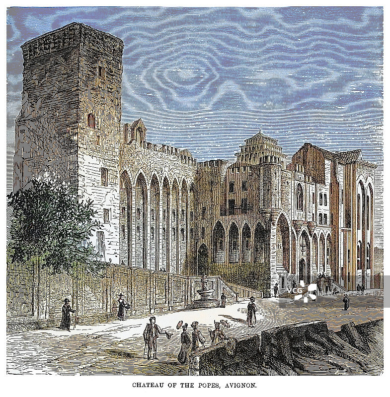 阿维尼翁教皇宫古版画：法国南部历史宫殿图片素材