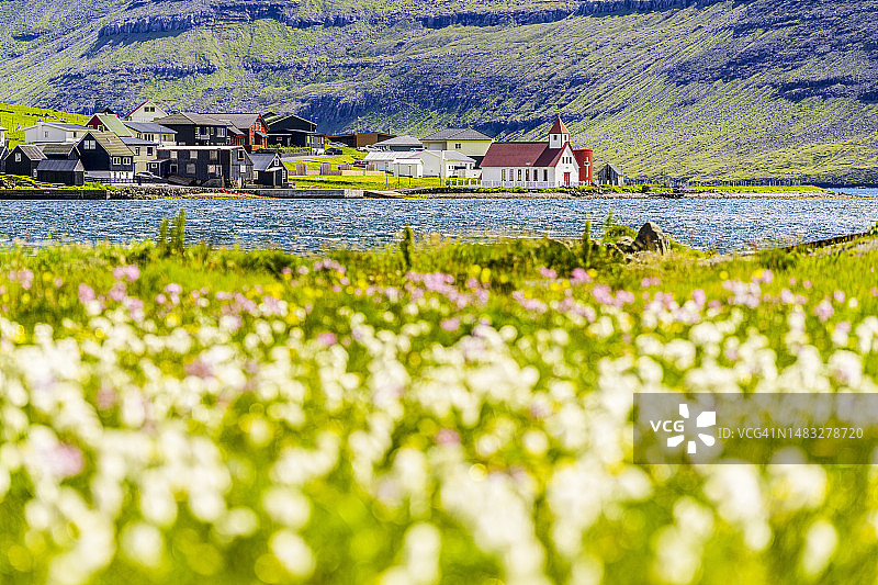 春季峡湾沿岸的沿海村庄图片素材