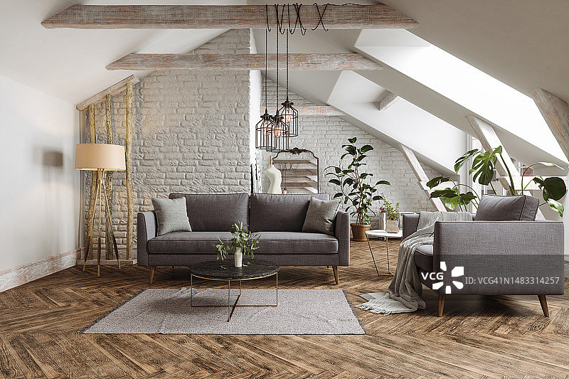 阁楼现代客厅内饰，配沙发、扶手椅、咖啡桌和室内植物图片素材