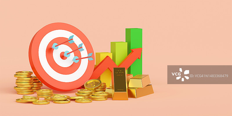以美元、黄金和牛市图表为目标的财务目标，3D图图片素材