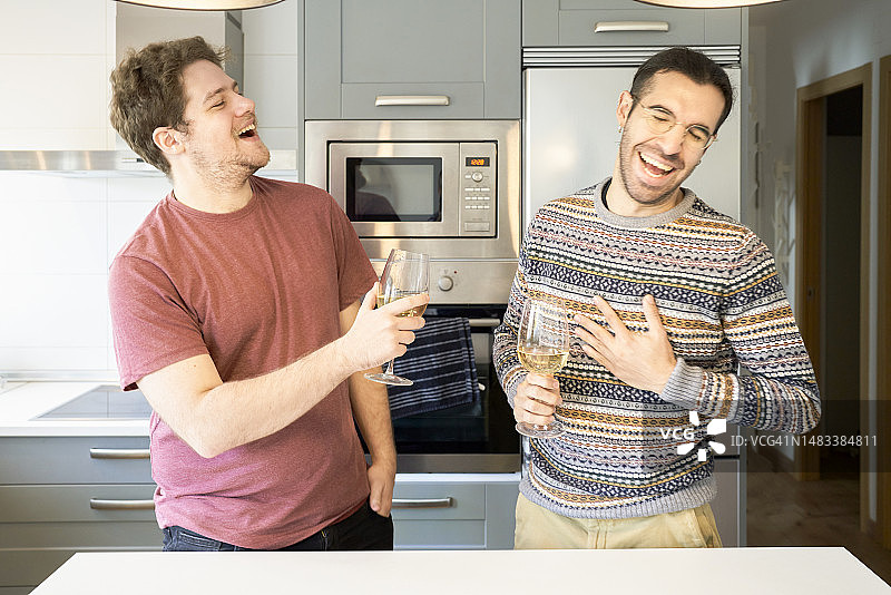 两名男子在公寓厨房里手持白葡萄酒杯大笑正面图图片素材