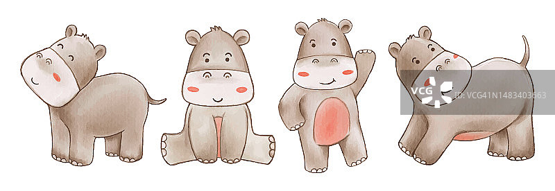 水彩河马卡通动物矢量设计图片素材